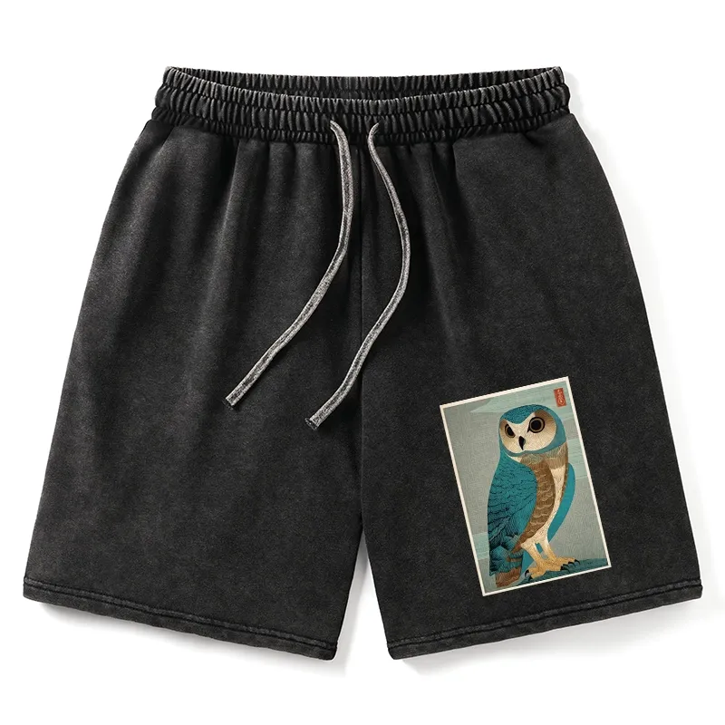 Tokyo-Tiger Vintage Owl Woodblock Art Washed Shorts