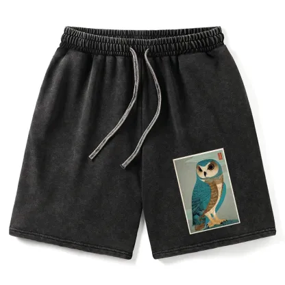 Tokyo-Tiger Vintage Owl Woodblock Art Washed Shorts