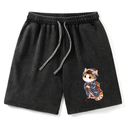 Tokyo-Tiger Cat Dressed As A Geisha Funny Washed Shorts