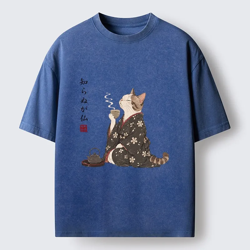 Tokyo-Tiger Zen Cat Drinking Tea In A Kimono Washed T-Shirt