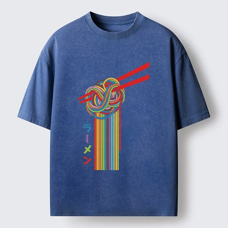 Tokyo-Tiger Colorful Noodles On Red Chopsticks Washed T-Shirt