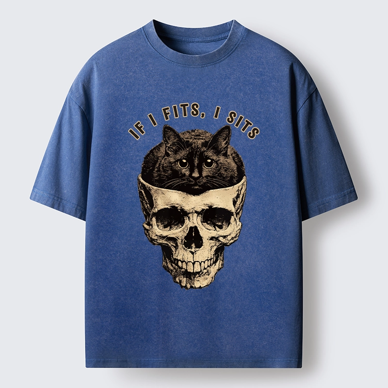 Tokyo-Tiger Cat In A Skull If It Fits I Sits Washed T-Shirt