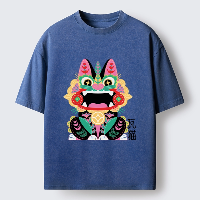 Tokyo-Tiger Colorful Meme Cat With Folk Style Washed T-Shirt