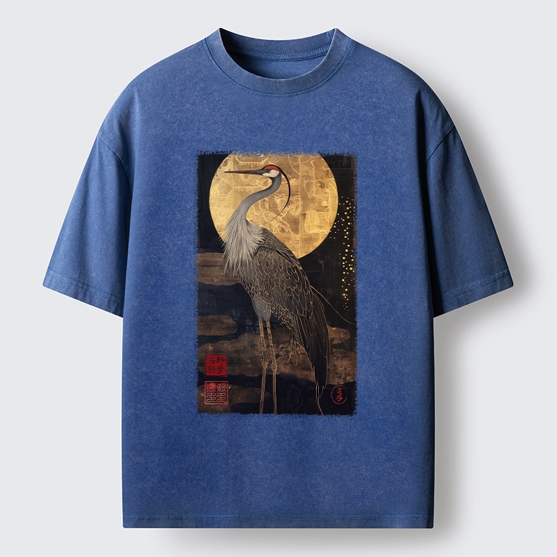 Tokyo-Tiger Golden Crane Under The Full Moon Washed T-Shirt