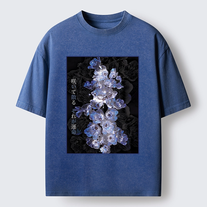 Tokyo-Tiger Glowing Blue Flowers In The Dark Washed T-Shirt