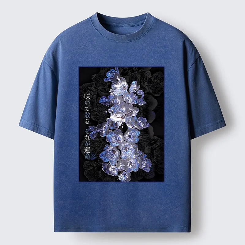Tokyo-Tiger Glowing Blue Flowers In The Dark Washed T-Shirt