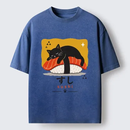 Tokyo-Tiger Black Cat Napping On Salmon Sushi Washed T-Shirt