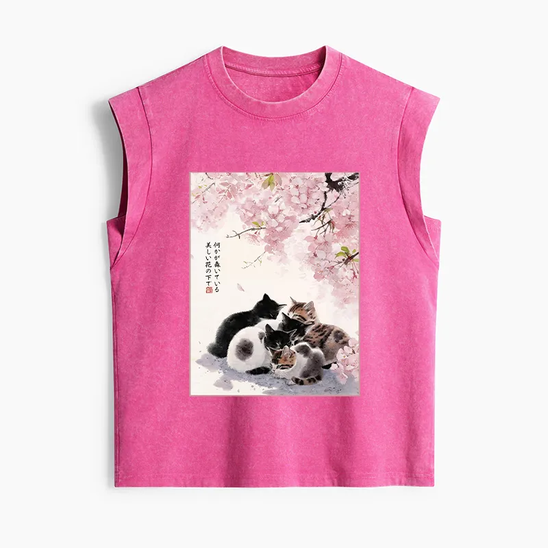 Tokyo-Tiger Cute Cats Sakura Garden Women's Washed Tank Tops