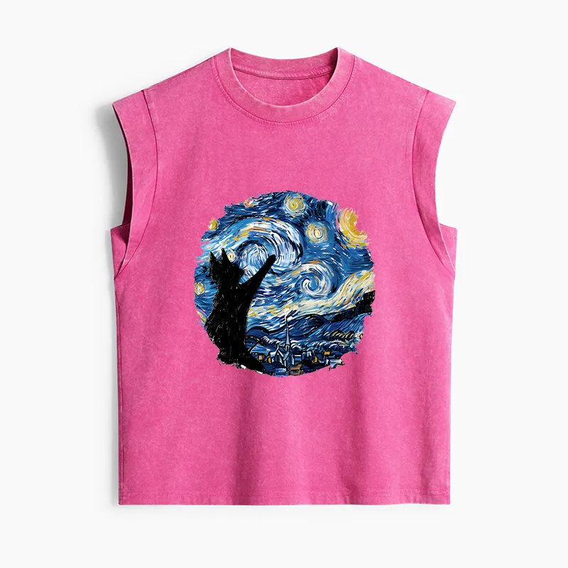 Tokyo-Tiger Starry Night Black Cat Women's Washed Tank Tops