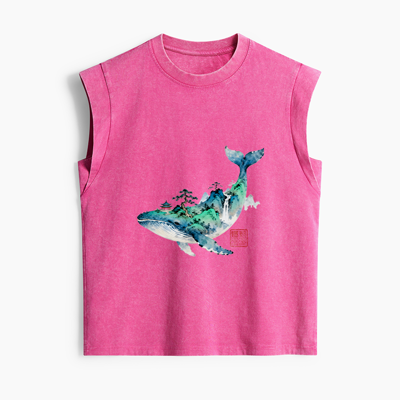 Tokyo-Tiger Whale Ink Painting Landscape Women's Washed Tank Tops