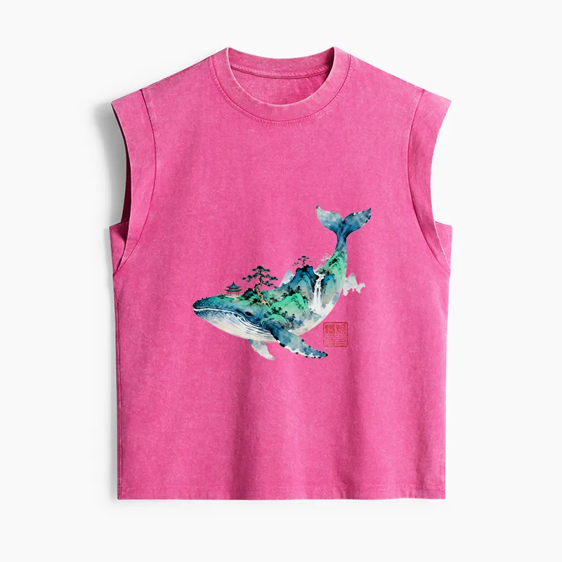 Tokyo-Tiger Whale Ink Painting Landscape Women's Washed Tank Tops