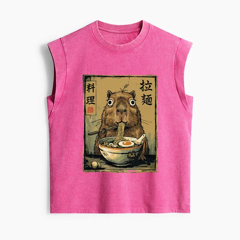 Tokyo-Tiger Cute Capybara Eating Ramen Women's Washed Tank Tops