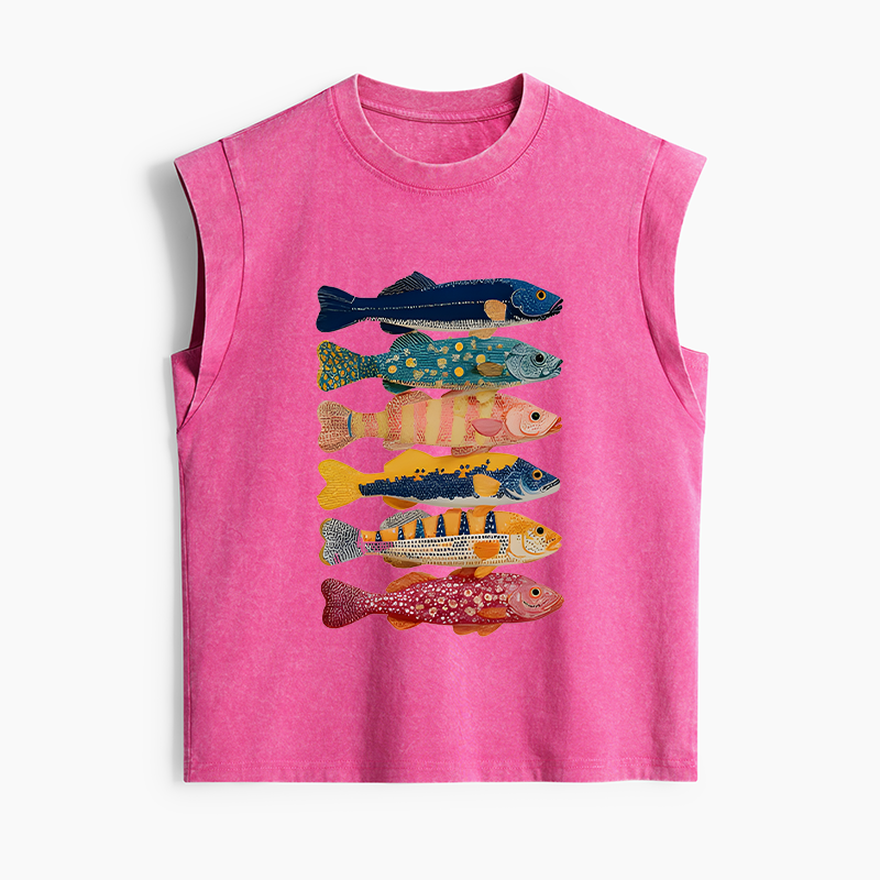 Tokyo-Tiger Colorful Fish Art Collection Women's Washed Tank Tops