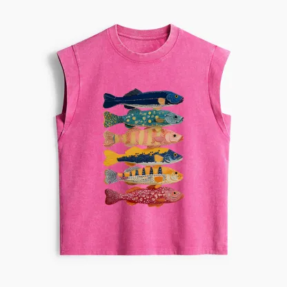 Tokyo-Tiger Colorful Fish Art Collection Women's Washed Tank Tops