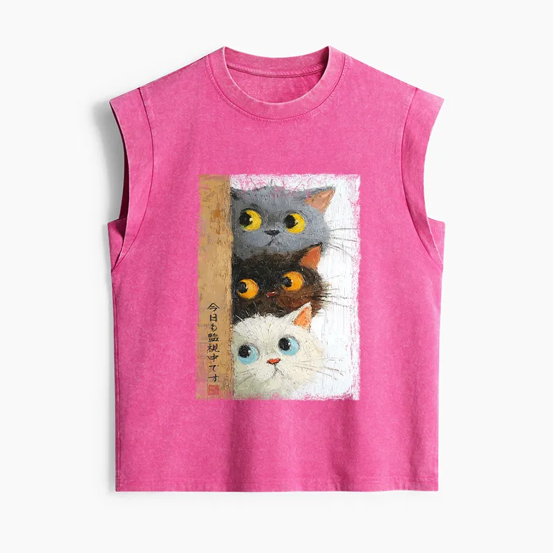 Tokyo-Tiger Three Cute Cats Watch You Women's Washed Tank Tops Sale