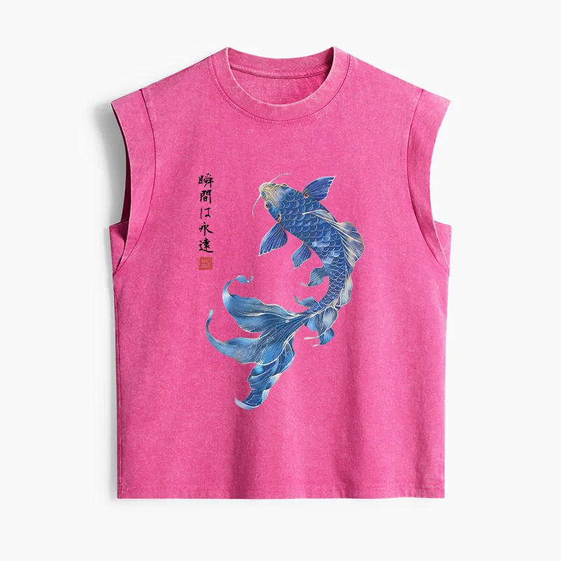 Tokyo-Tiger Lucky Blue Koi Fish Art Women's Washed Tank Tops