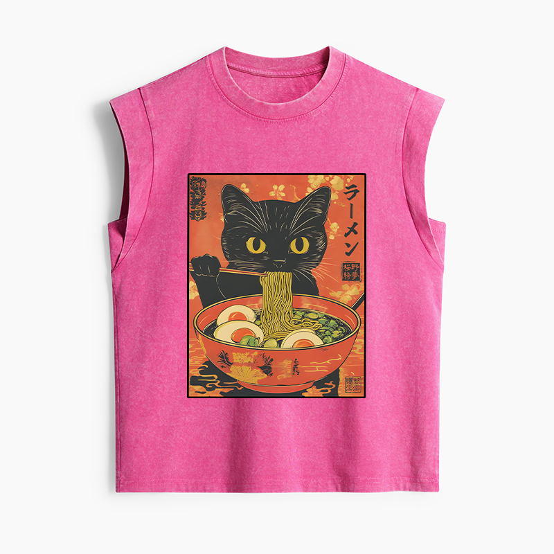 Tokyo-Tiger Hungry Black Cat Loves Ramen Women's Washed Tank Tops