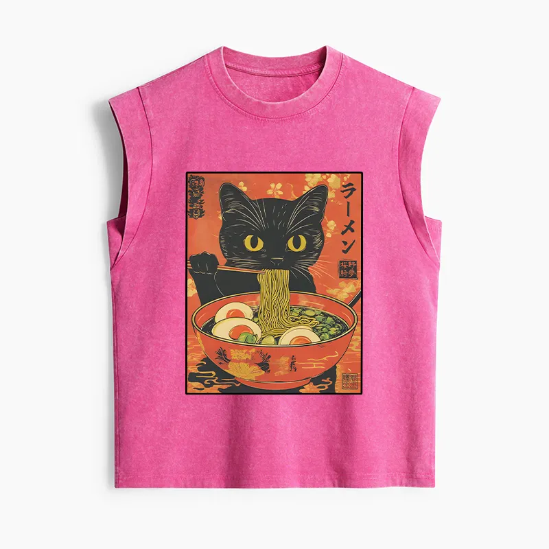 Tokyo-Tiger Hungry Black Cat Loves Ramen Women's Washed Tank Tops