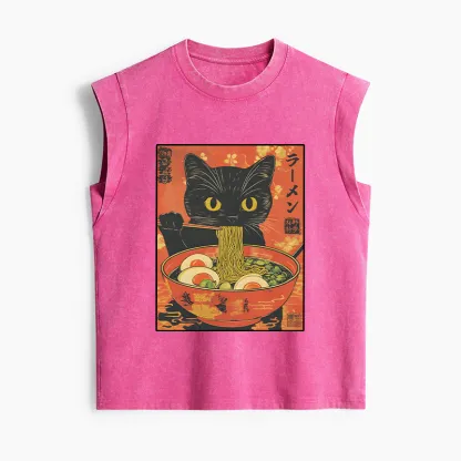 Tokyo-Tiger Hungry Black Cat Loves Ramen Women's Washed Tank Tops