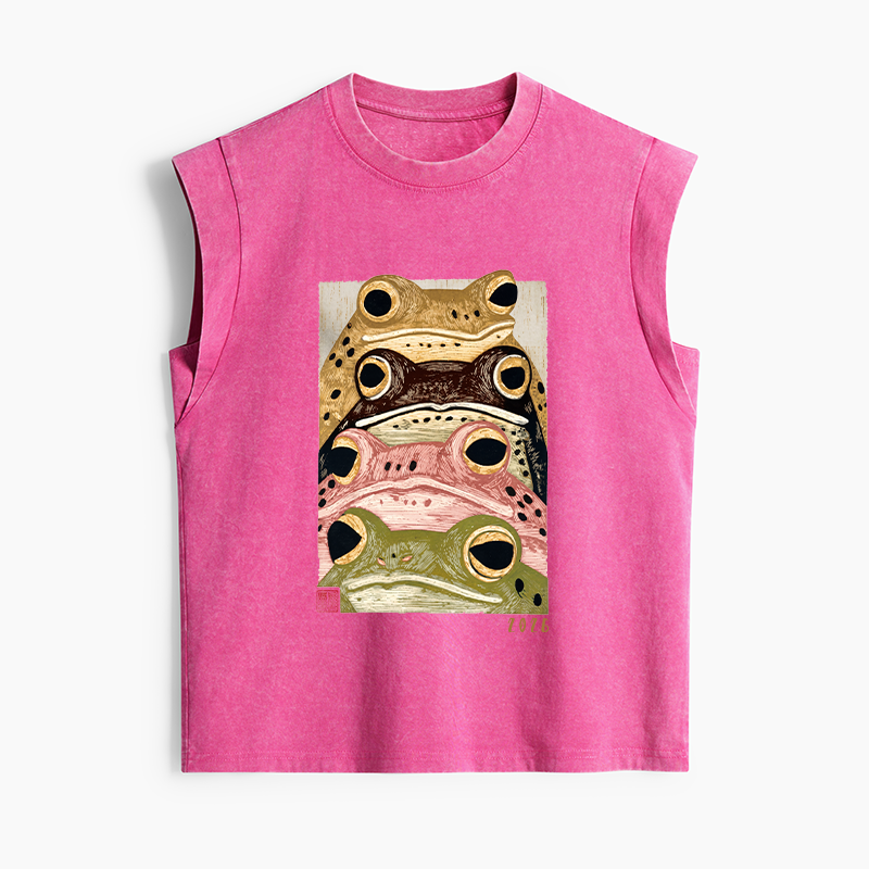Tokyo-Tiger Whimsical Multi Colored Frog Art Women's Washed Tank Tops