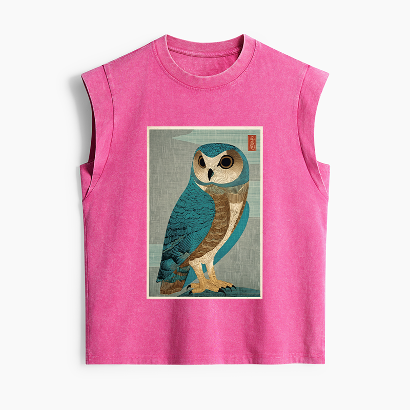 Tokyo-Tiger Vintage Owl Woodblock Art Women's Washed Tank Tops