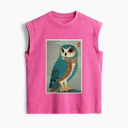 Tokyo-Tiger Vintage Owl Woodblock Art Women's Washed Tank Tops