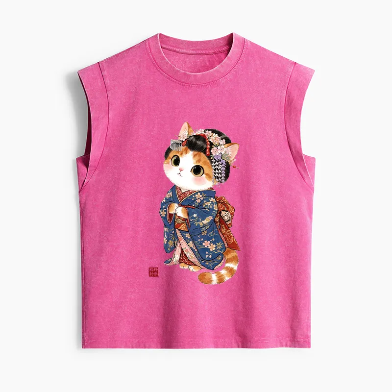 Tokyo-Tiger Cat Dressed As A Geisha Funny Women's Washed Tank Tops