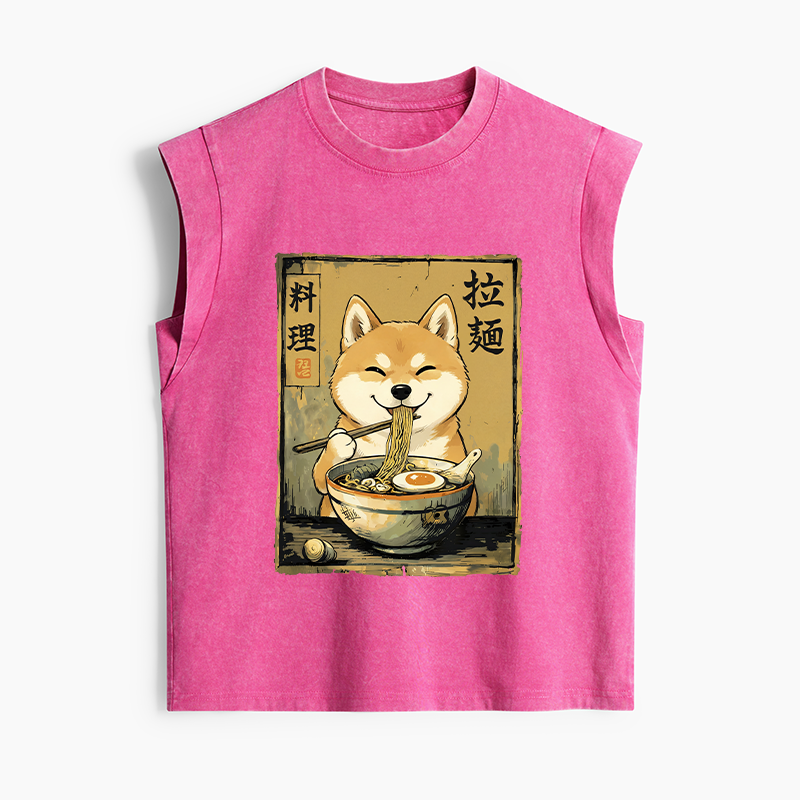Tokyo-Tiger Happy Shiba Eating Ramen Women's Washed Tank Tops
