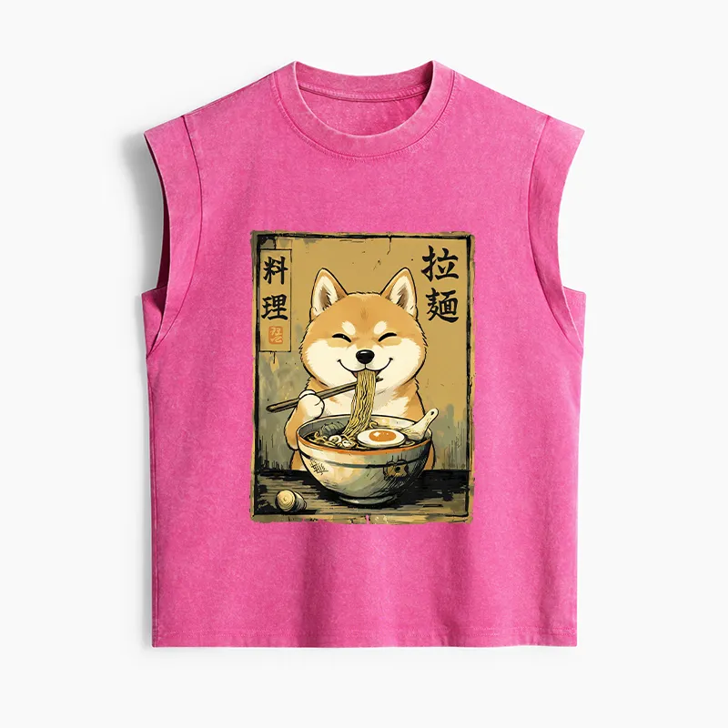 Tokyo-Tiger Happy Shiba Eating Ramen Women's Washed Tank Tops