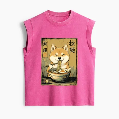 Tokyo-Tiger Happy Shiba Eating Ramen Women's Washed Tank Tops