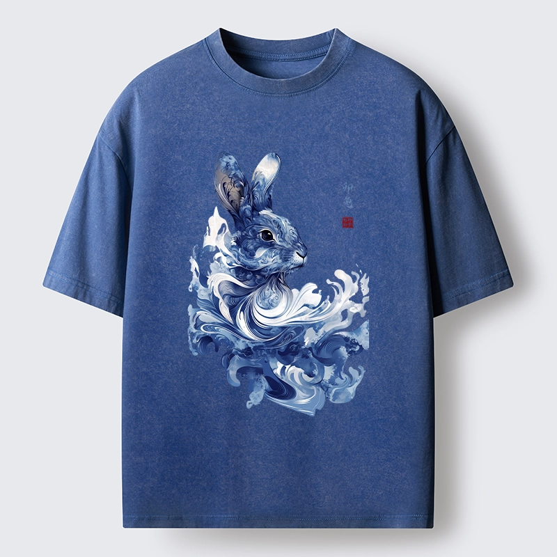 Tokyo-Tiger Blue And White Rabbit Art Washed T-Shirt