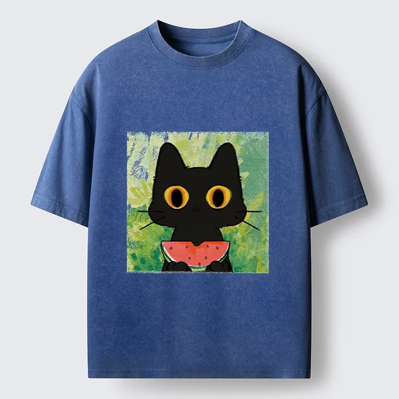 Tokyo-Tiger Black Cat Loves Watermelon Washed T-Shirt