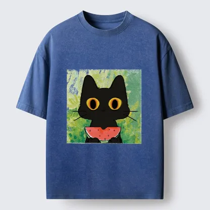 Tokyo-Tiger Black Cat Loves Watermelon Washed T-Shirt