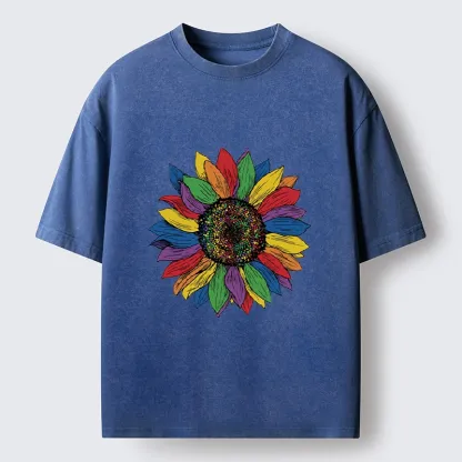 Tokyo-Tiger Rainbow Sunflower Pride Art Washed T-Shirt