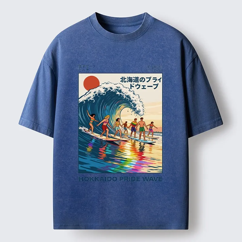 Tokyo-Tiger Hokkaido Pride Wave Surfing Fun Washed T-Shirt