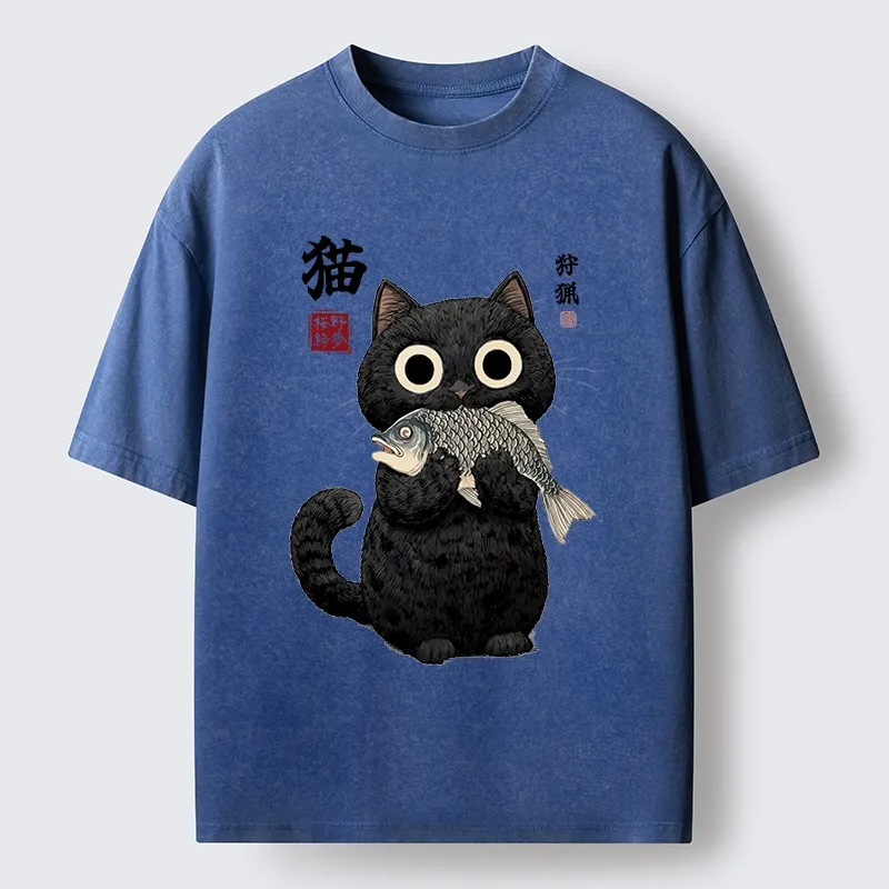 Tokyo-Tiger Black Cat Caught A Big Fish Washed T-Shirt