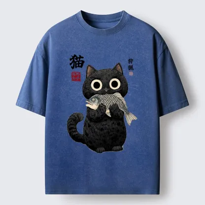 Tokyo-Tiger Black Cat Caught A Big Fish Washed T-Shirt