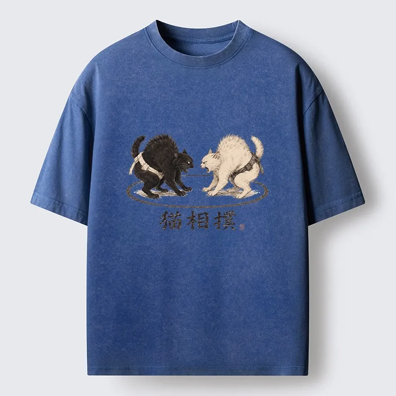 Tokyo-Tiger Cat Sumo Battle Funny Meme Washed T-Shirt