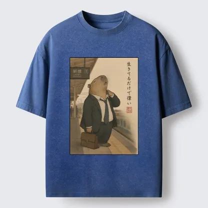 Tokyo-Tiger Funny Capybara Office Worker Meme Washed T-Shirt
