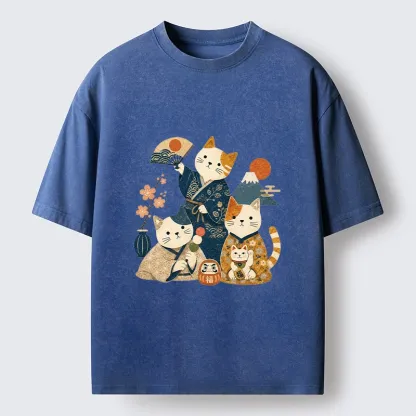 Tokyo-Tiger Lucky Cats Enjoying Traditional Japan Vibes Washed T-Shirt