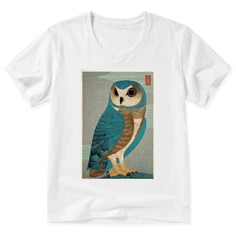 Tokyo-Tiger Vintage Owl Woodblock Art V-Neck Classic T-Shirt