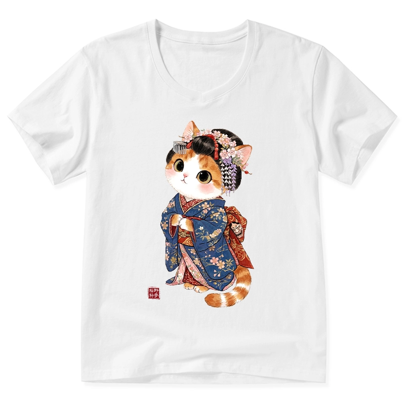 Tokyo-Tiger Cat Dressed As A Geisha Funny V-Neck Classic T-Shirt