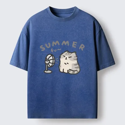 Tokyo-Tiger Summer Cat Chills With A Fan Washed T-Shirt
