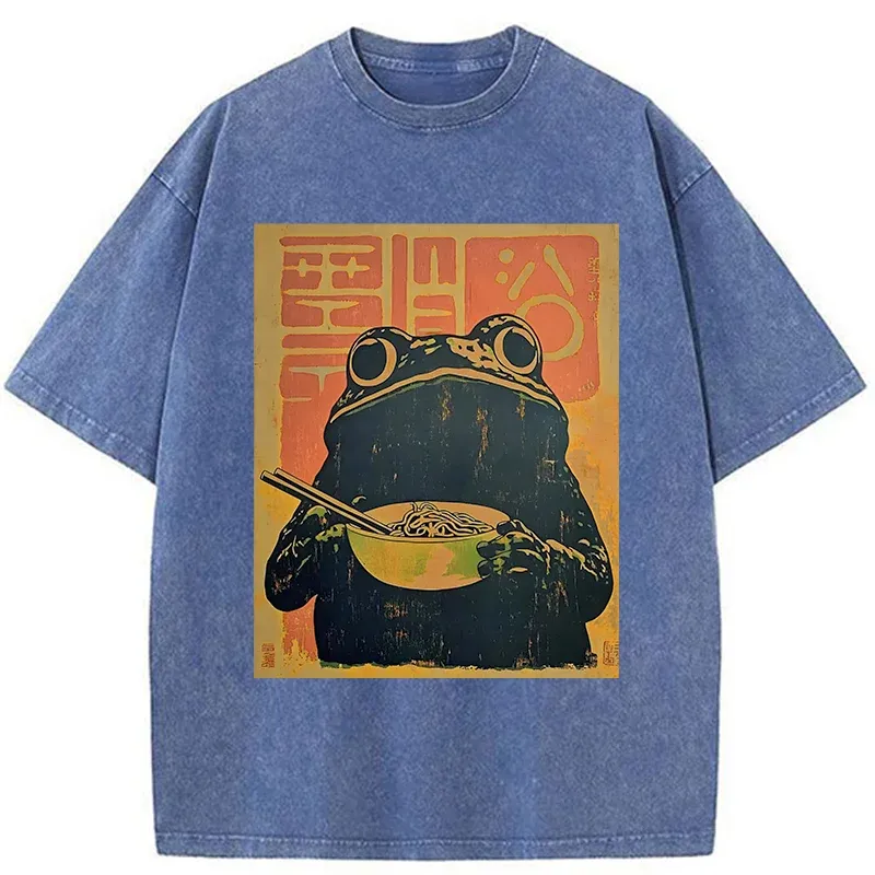 Tokyo-Tiger Retro Frog Eating Ramen Washed T-Shirt