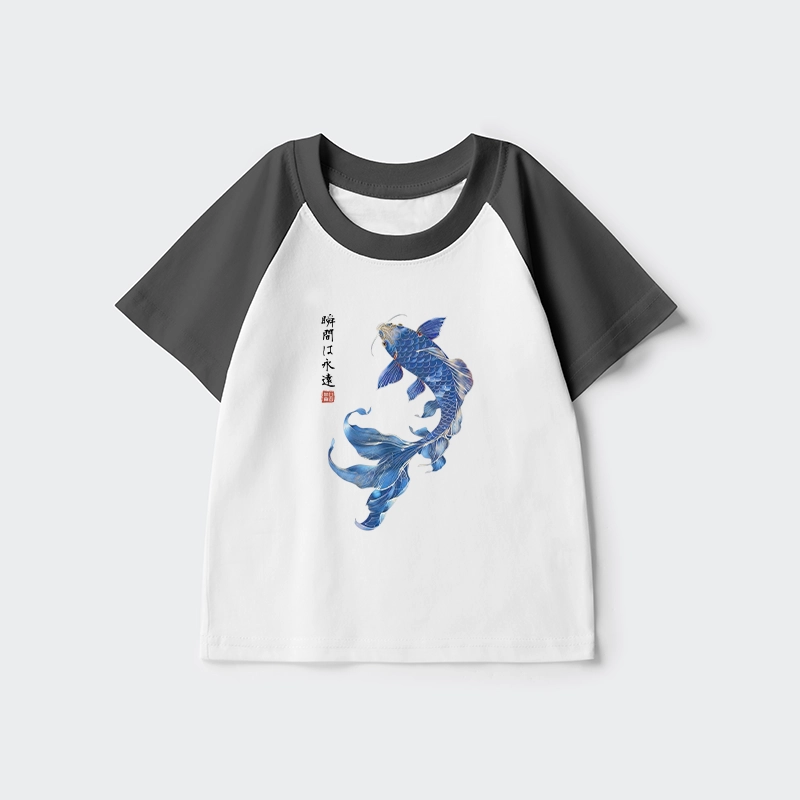 Tokyo-Tiger Lucky Blue Koi Fish Art Kids Raglan T-shirt
