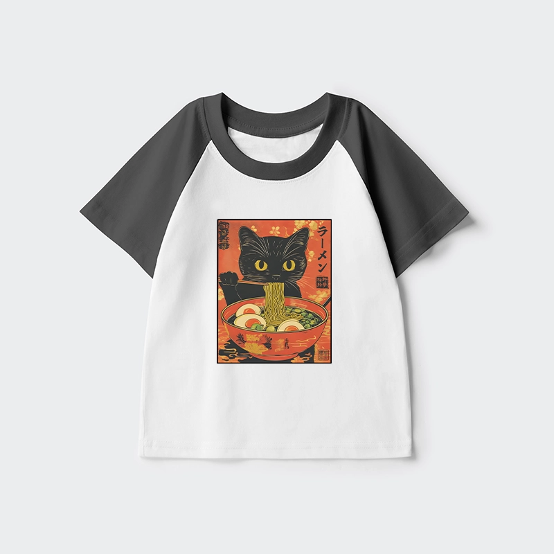 Tokyo-Tiger Hungry Black Cat Loves Ramen Kids Raglan T-shirt