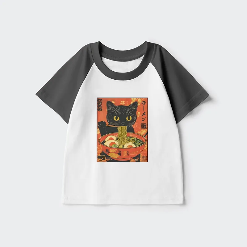Tokyo-Tiger Hungry Black Cat Loves Ramen Kids Raglan T-shirt
