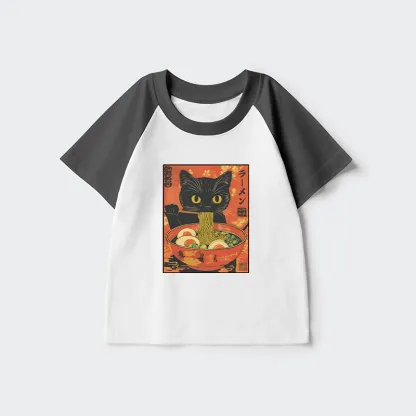 Tokyo-Tiger Hungry Black Cat Loves Ramen Kids Raglan T-shirt
