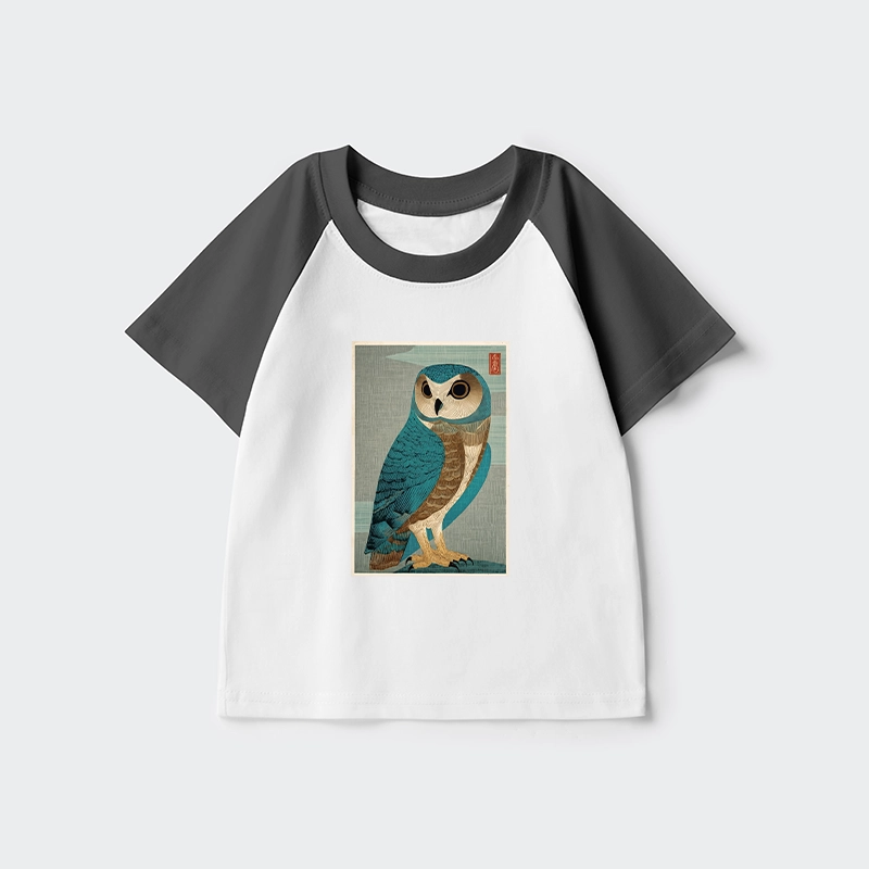 Tokyo-Tiger Vintage Owl Woodblock Art Kids Raglan T-shirt