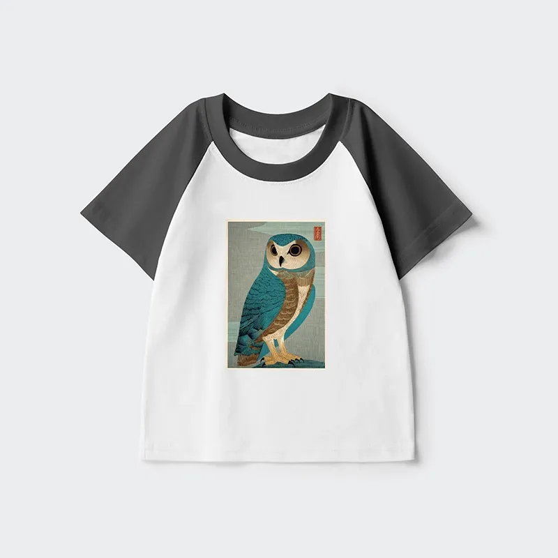 Tokyo-Tiger Vintage Owl Woodblock Art Kids Raglan T-shirt